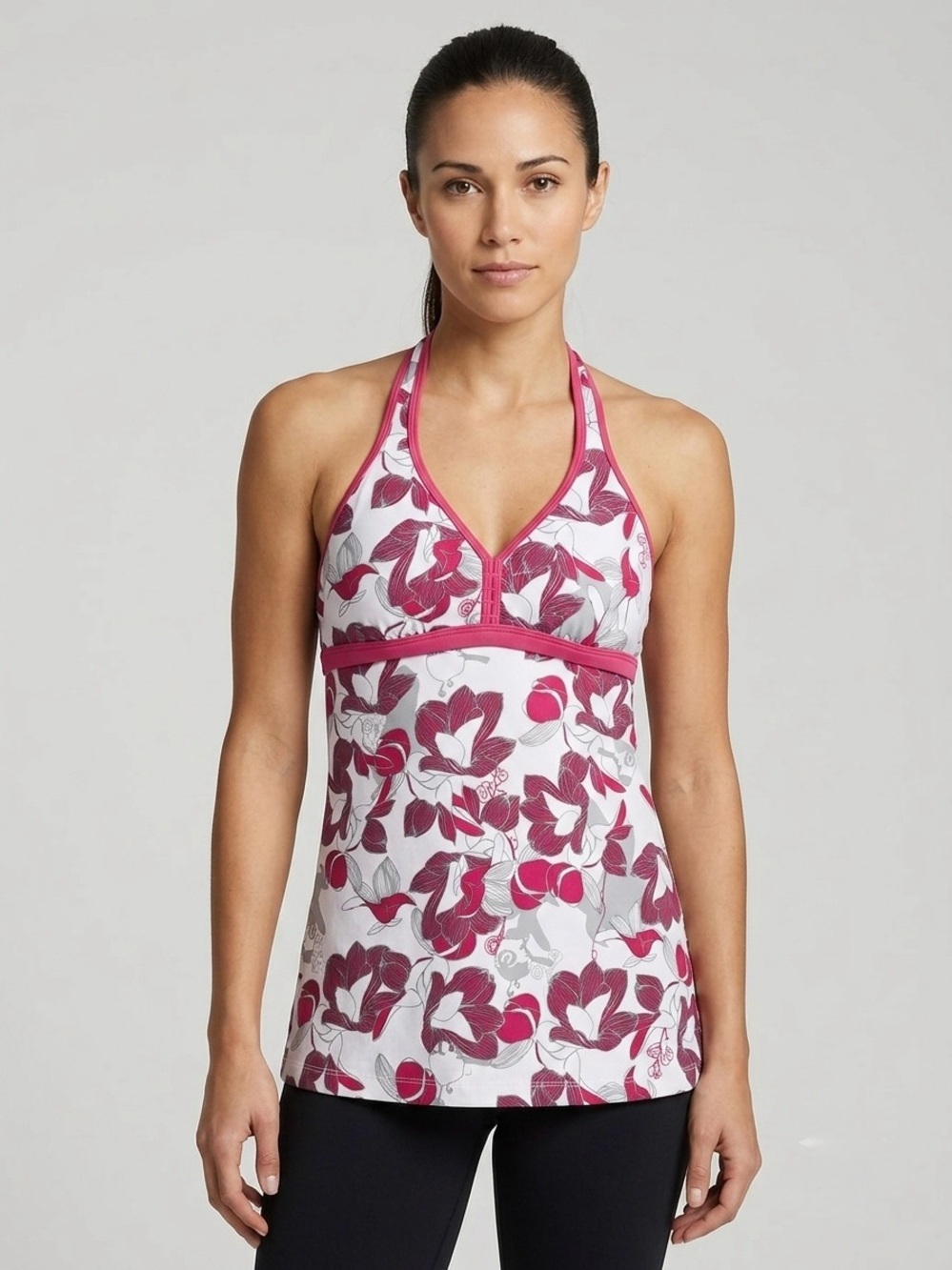 Lululemon Floral Halter Tank Top 6 Shelf Bra Logo Print Red White Yoga Stretch